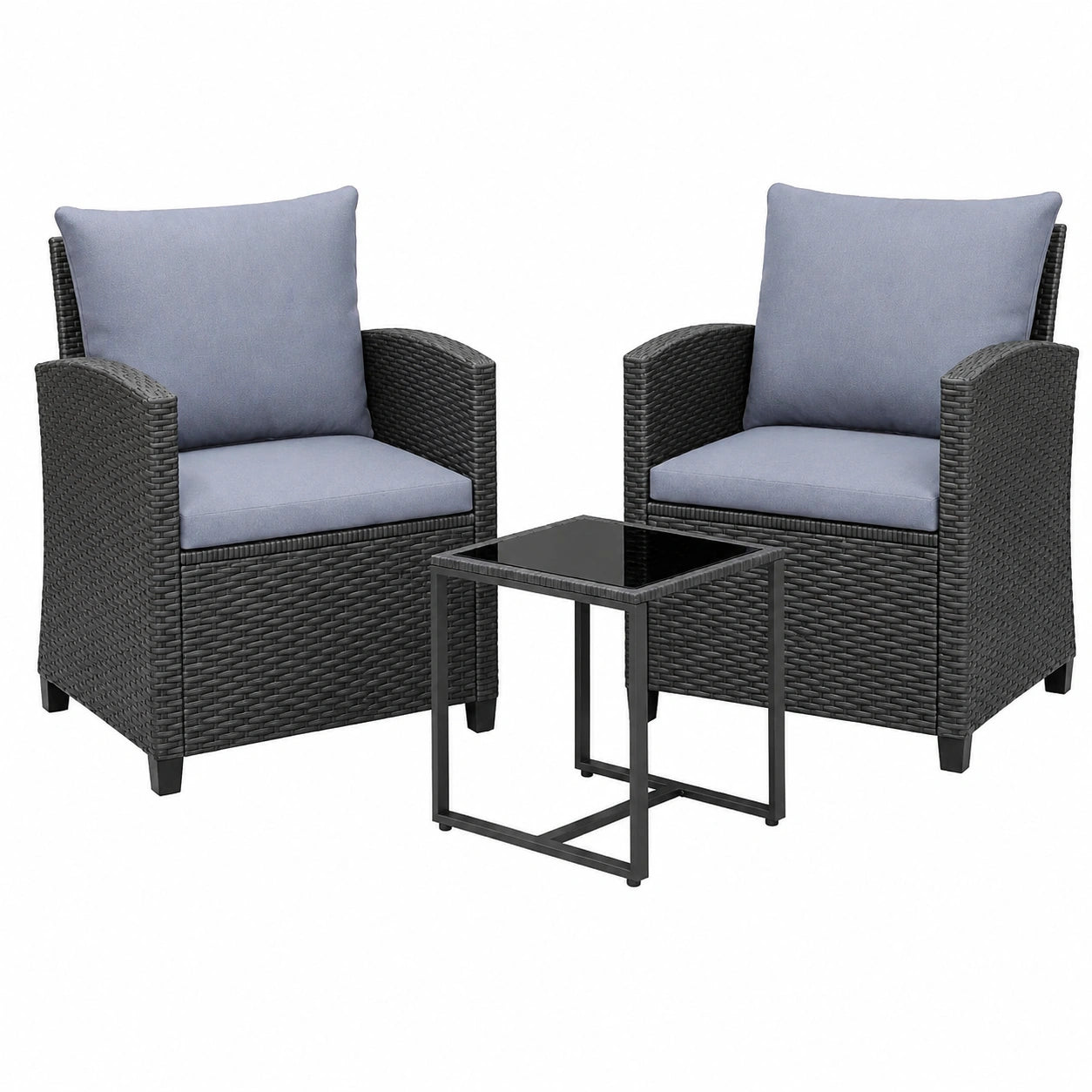 Gartenmöbel – 3-teilig, aus Rattan und Glas, Grau und Schwarz, für Garten, Terrasse und Balkon