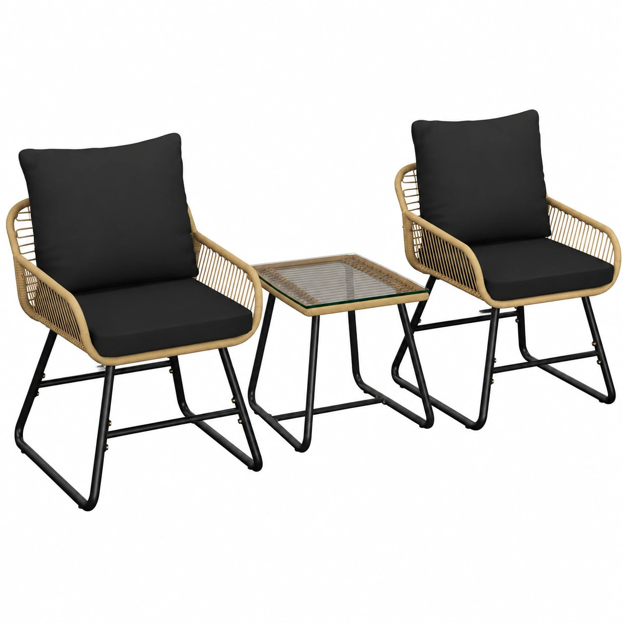 Tisch – 3-teilig, aus Rattan, Hellbraun und Schwarz, für Balkon